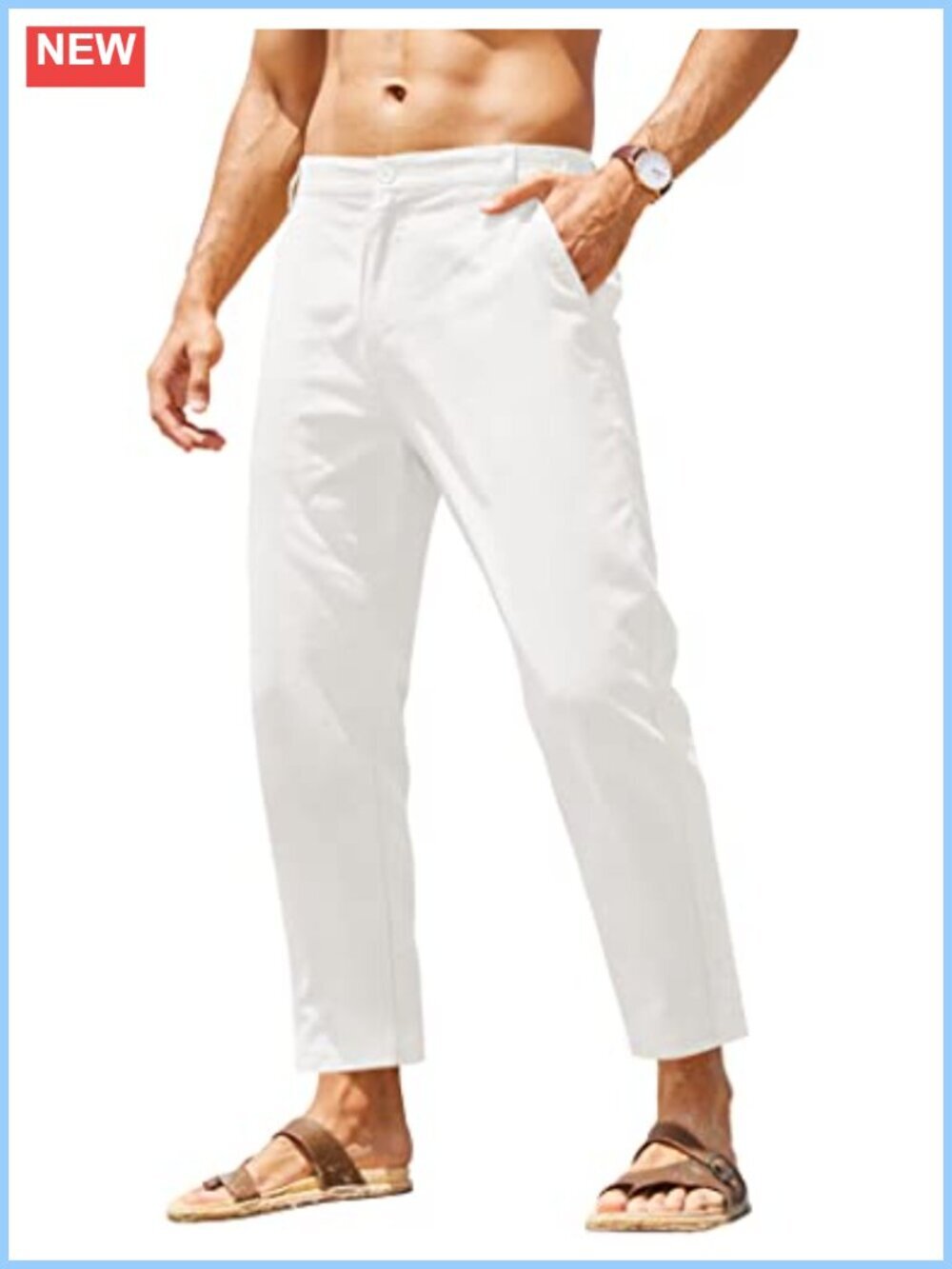 Men's Cotton Linen Pants Elastic Waist Lightweight Casual Yoga Beach Pants with
